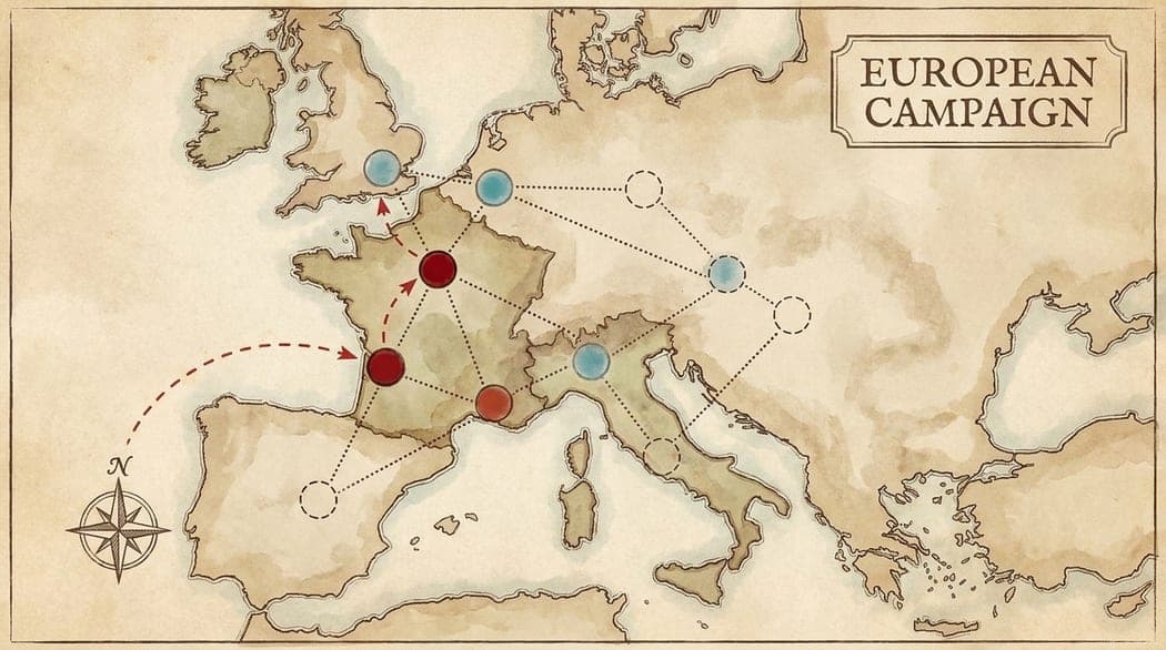 A campaign map of Europe with cities held and open