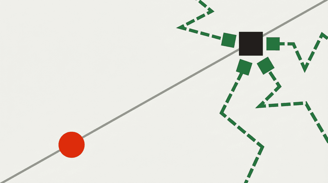 A green route closing in on a red territory