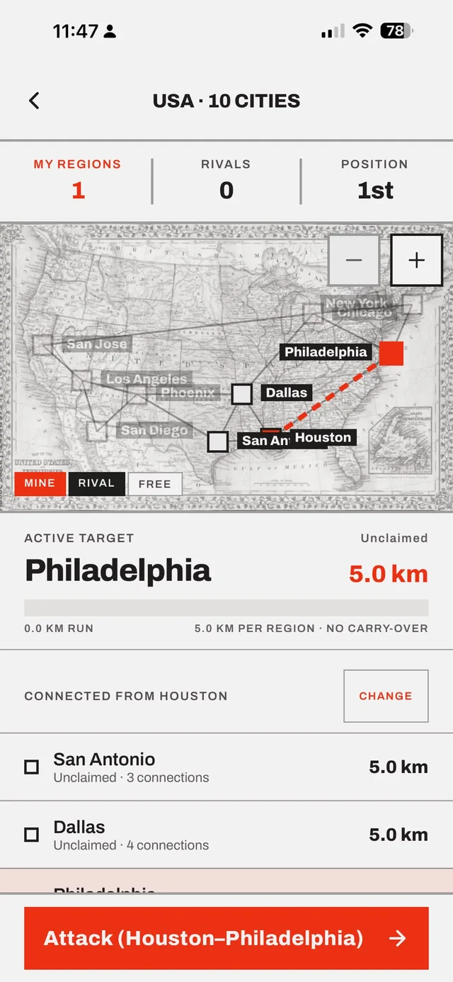A conquest board of the United States in the Corruns app, with a target city and the distance to take it
