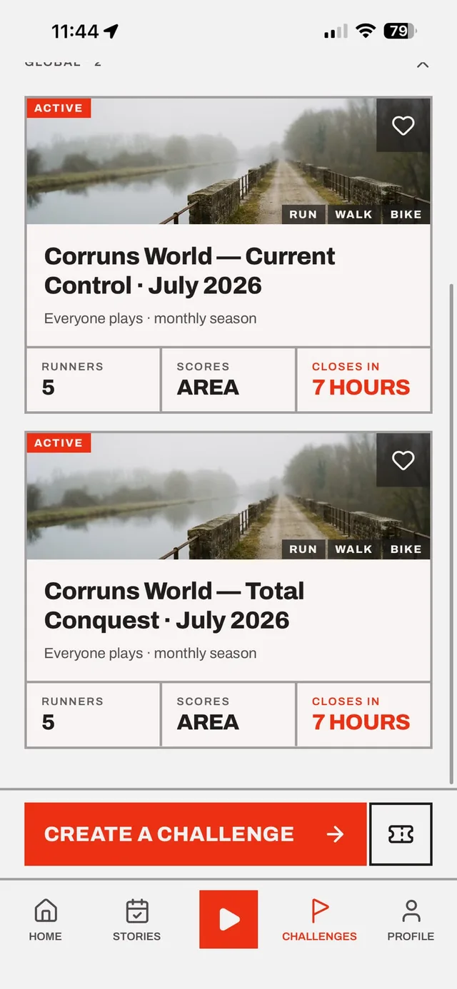 Active challenges in the Corruns app showing runners, how they score and how long is left before they close