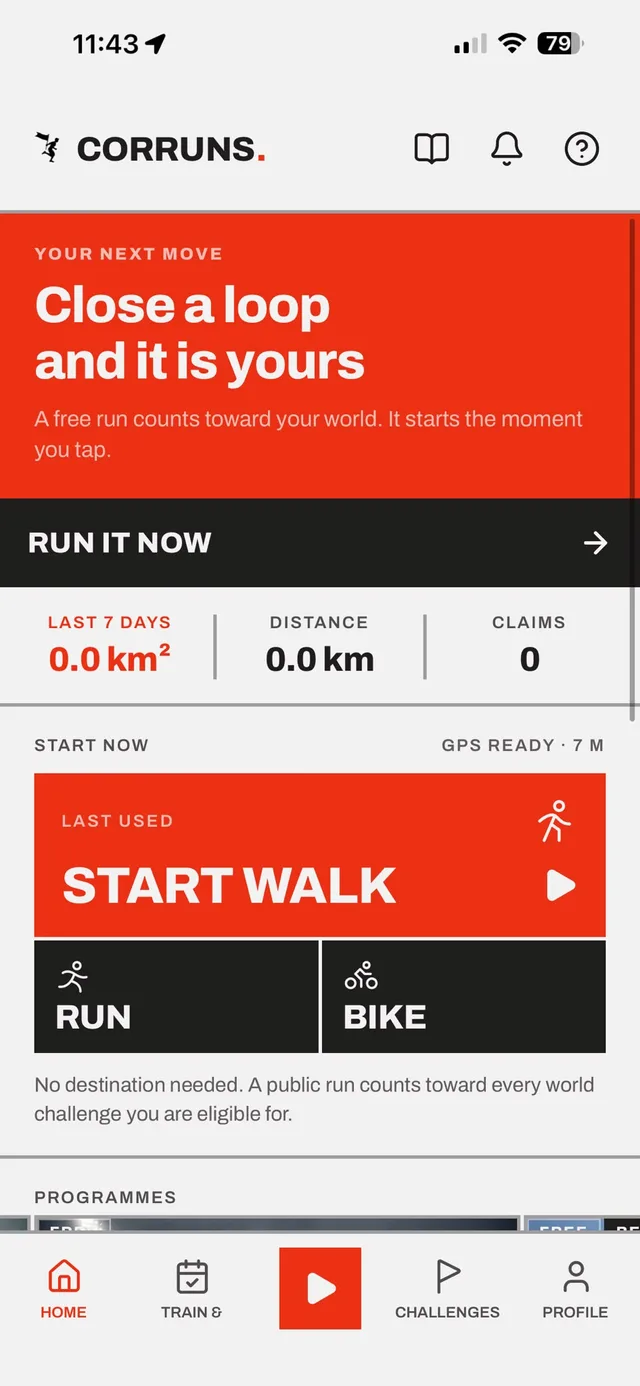 The Corruns home screen: 'Close a loop and it is yours', with start buttons for walk, run and bike