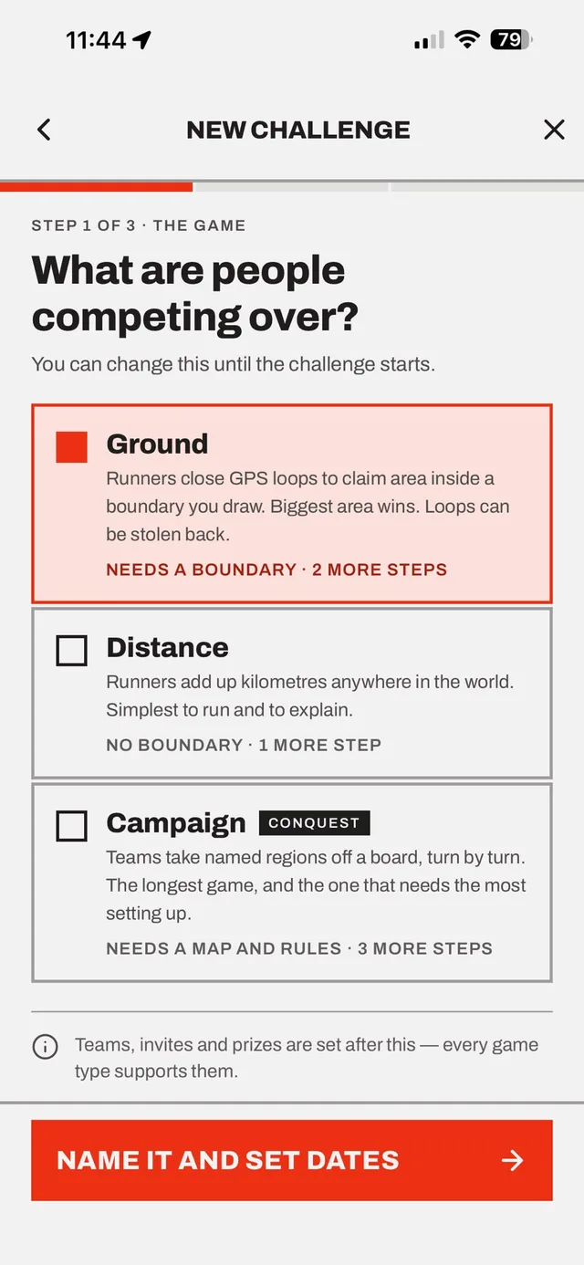Step one of creating a challenge in the Corruns app: choosing between Ground, Distance and Campaign, each explaining what runners compete over