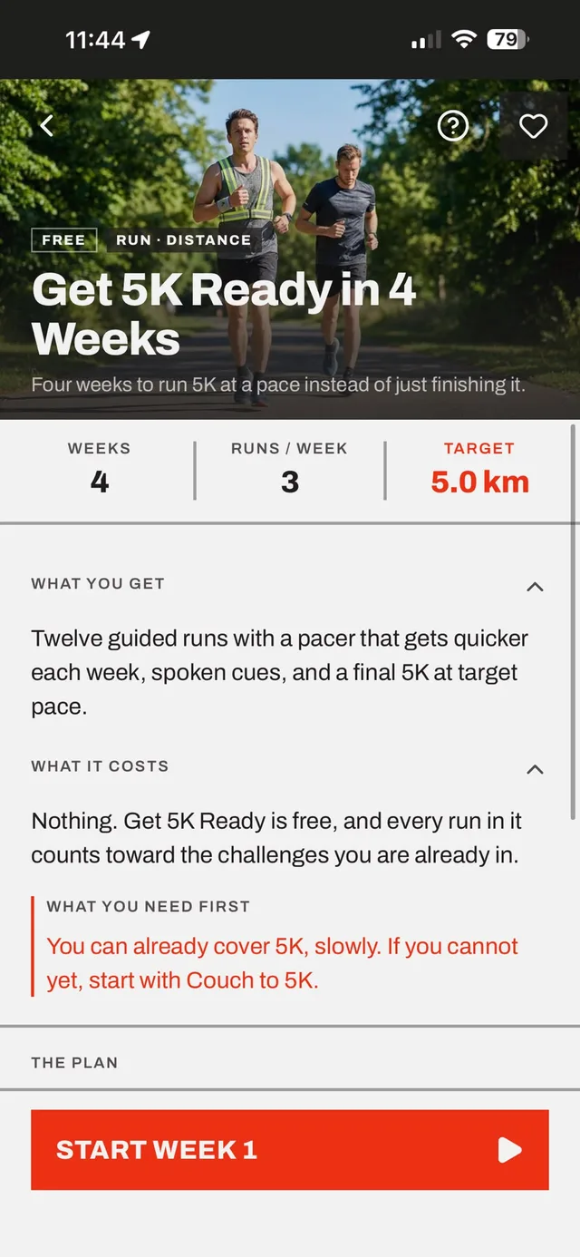 The Get 5K Ready programme in the Corruns app: four weeks, three runs a week, a 5.0 km target, and what the plan includes