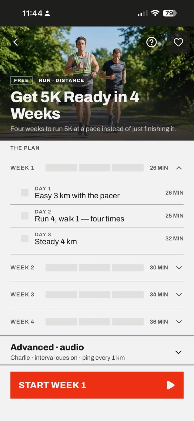 A training plan in the Corruns app, week one expanded to show three sessions with their durations