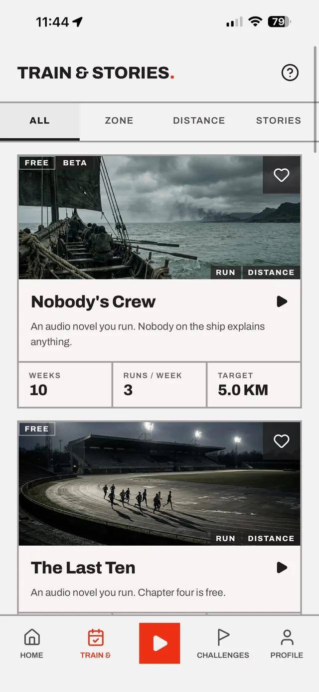 The Train & Stories list in the Corruns app, showing audio-novel seasons with their length and target