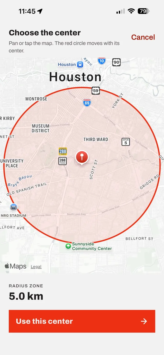 Choosing the centre of a zone challenge on a map in the Corruns app, with a five-kilometre radius drawn